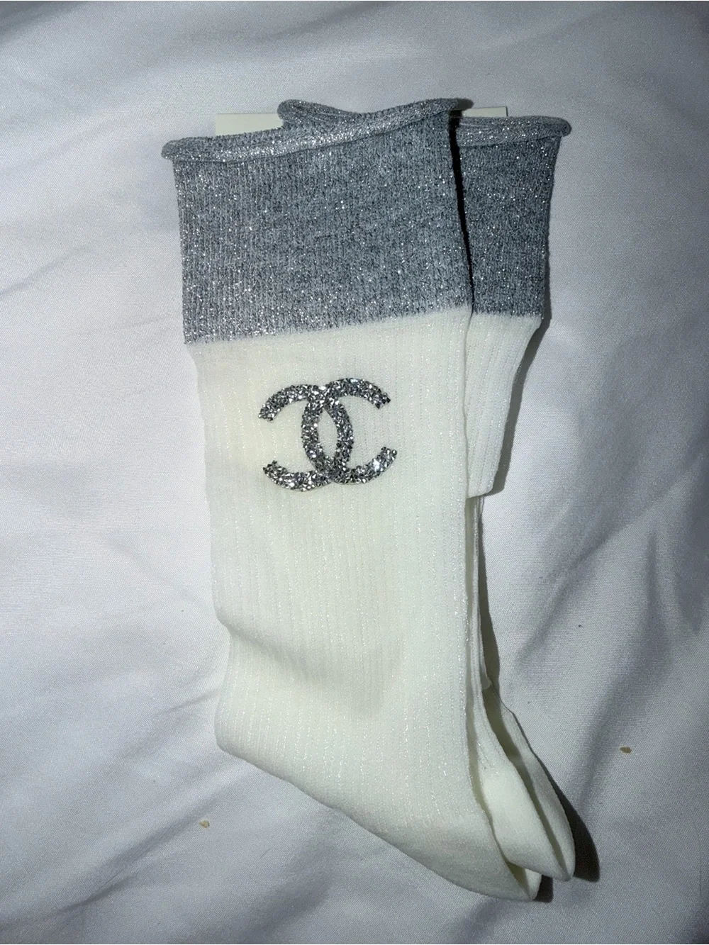 White & Silver Logo Crew Socks - Designer Style